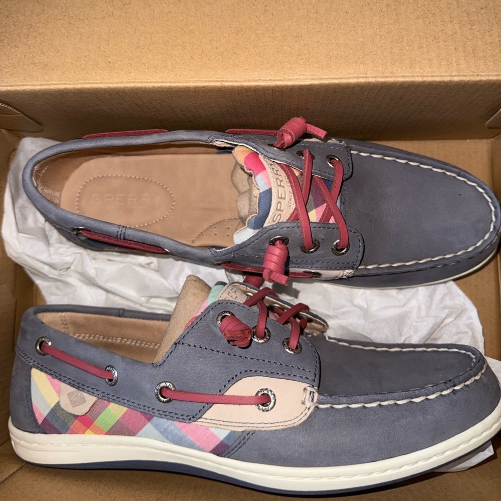 Sperry Blue and Red Plaid Boat Shoes. Never worn.